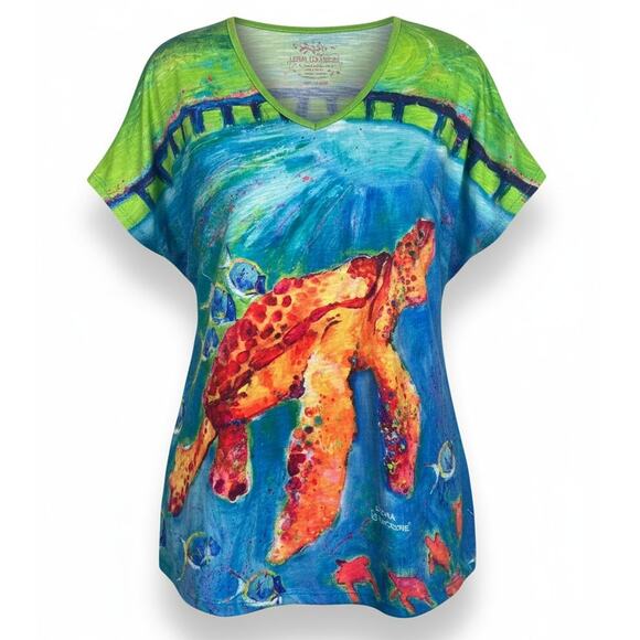 Leoma Lovegrove Women XXL Artsy Coastal Tropical Maximalist Sea Turtle Tunic Top - Picture 1 of 10